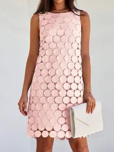 Women’s Polka Dot Embroidered Round-Neck Sleeveless Double-Layer Dress; Summer Casual Fitted Round-Neck Short Dress; Elegant Vacation/Holiday Beach Going-Out Party Cocktail Dress Set