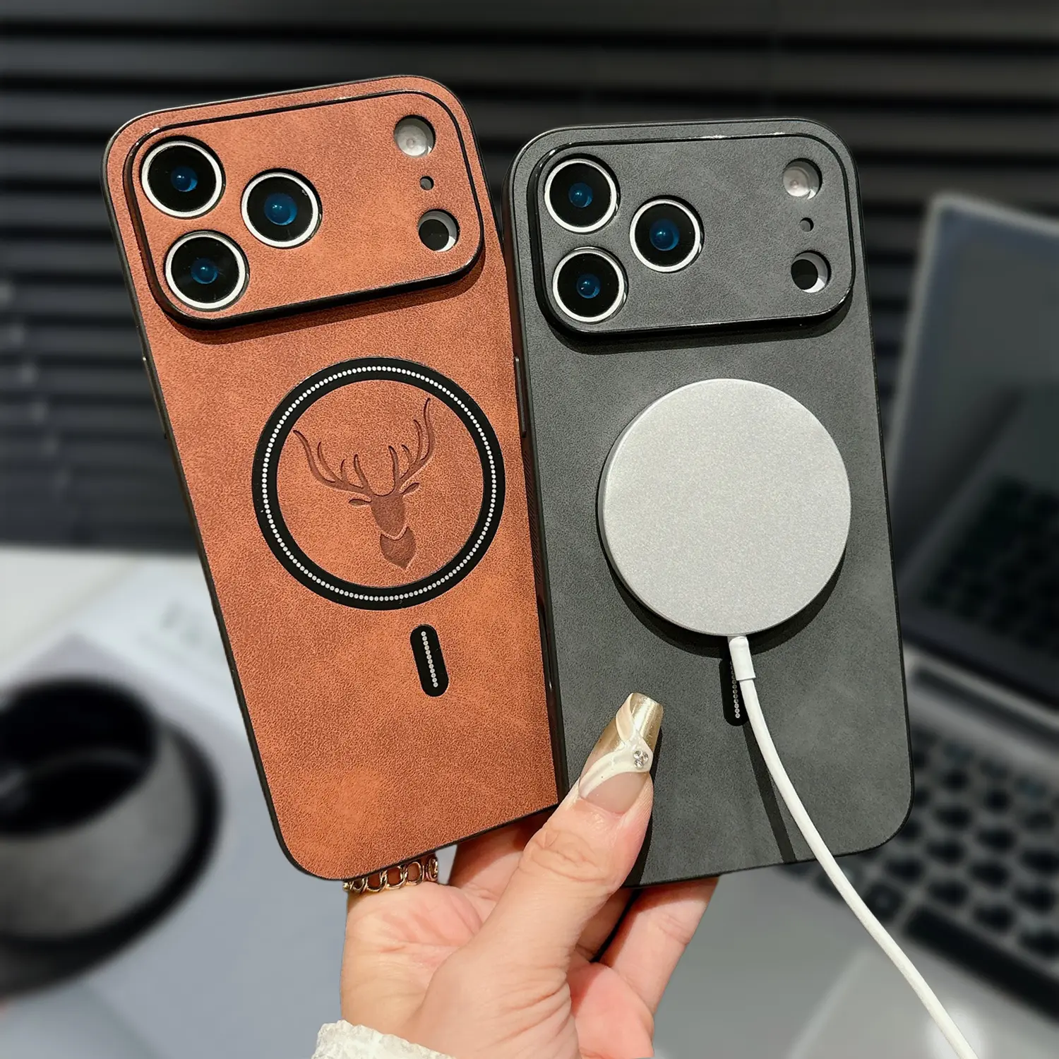 Luxury PU Leather Elk Deer Phone Case - MagSafe Fit, Raised Edge, Scratchproof, Protective Accessory for iPhone 17 Pro Max/17 Air/16/15/14/13/12/11 Pro Max, Wireless Charging Compatible, Camera Protection