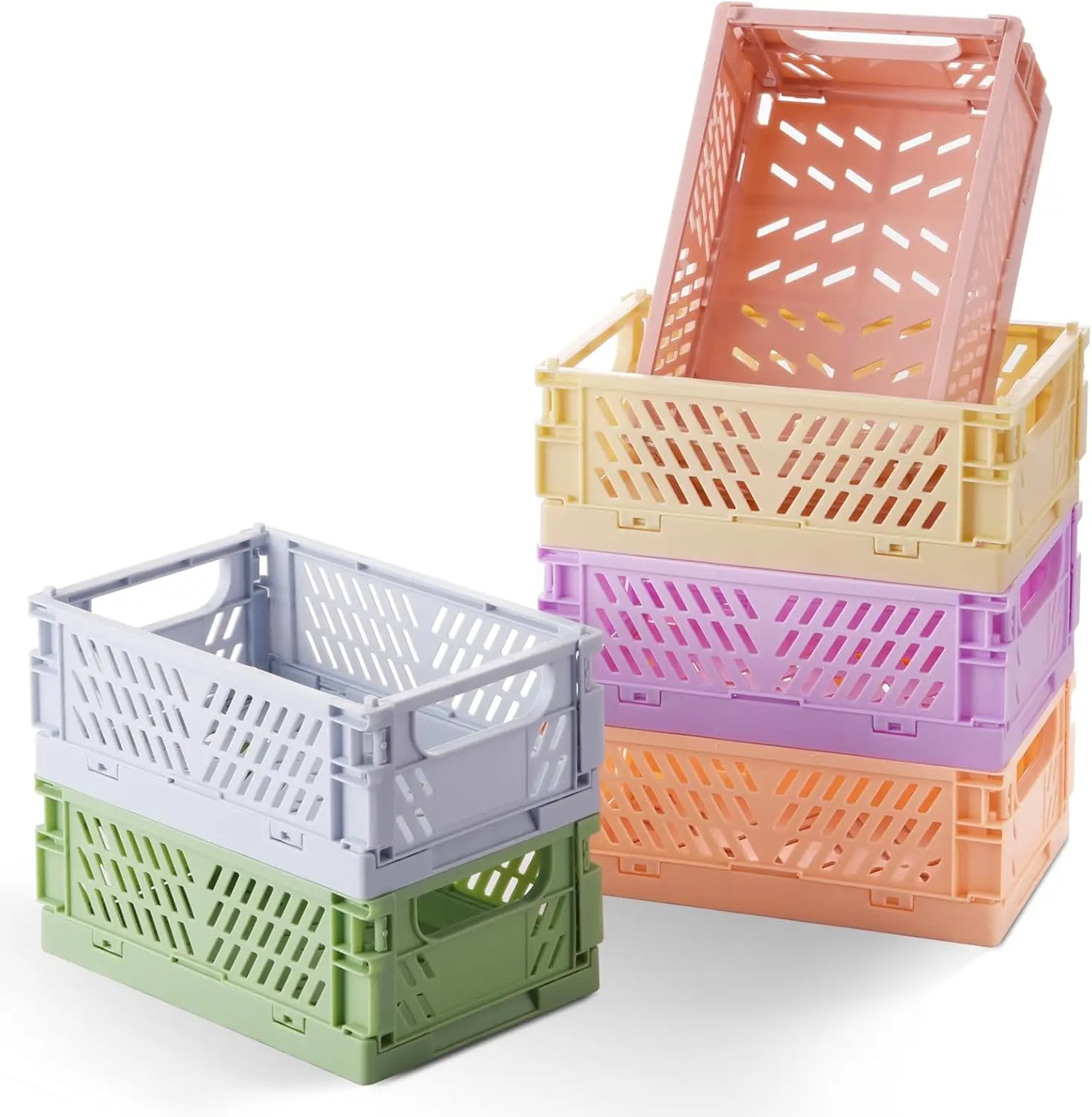 Multicolor 6-Pack Small Pastel Plastic Storage Baskets, Collapsible Crates for Organizing, Space-Saving Mini Bins for Classroom, Kitchen, Office, Bedroom (5.9" x 3.8" x 2.2")