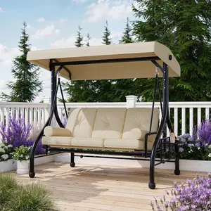 Heavy Duty 800lbs 3-Seat Outdoor Porch Swing Chair with Stand & Adjustable Canopy – Patio Swing Bench for Adults, Cup Holder Trays, Cushions & Pillows – Khaki Color