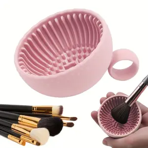 Solid Color Silicone Makeup Brush Cleaning Bowl - 1pc Brush Cleaner Mat with Scrubber Pad for Eyebrow Facial Brow Blush Eye Brushes