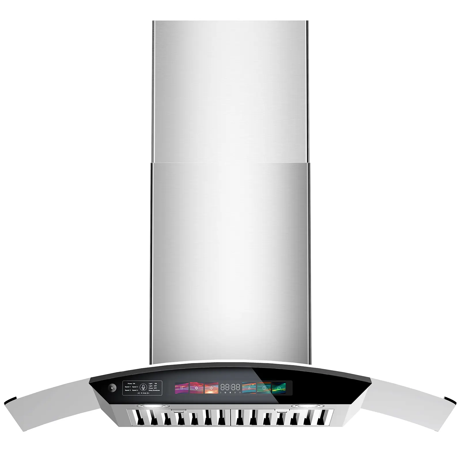 Luxury Glass Canopy Range Hood 900 CFM, Curved Wall Mounted Kitchen Vent Hood with Smart Touch Control, Gesture & Voice Control, LED Lights for Modern Kitchen Upgrade