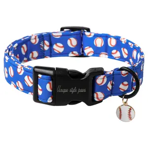 Unique Style Paws Baseball Dog Collar, Adjustable Cotton Blue Dog Accessory for Small to Large Dogs - Plastic Buckle Puppy Collar for Male Female Dogs
