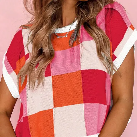 Women's Fashionable Round Neck Sleeveless Knitted Vest Top, Colorblock Plaid Pattern, Versatile Everyday Outdoor Wear, All Seasons Casual Clothing