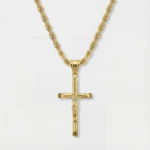 Rope Chain 4mm + Crucifix Pendant 14K Gold Plated
