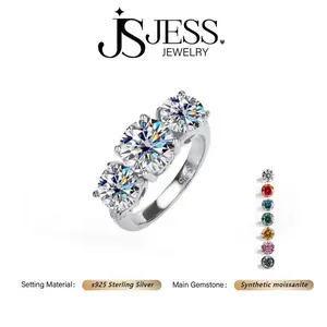 [#190] Three Stones Round Cut Engagement Ring , 2ct/4ct Birth Stones Synthetic Moissanite, 925 Sterling Silver, Birthday Promise Gift for Women