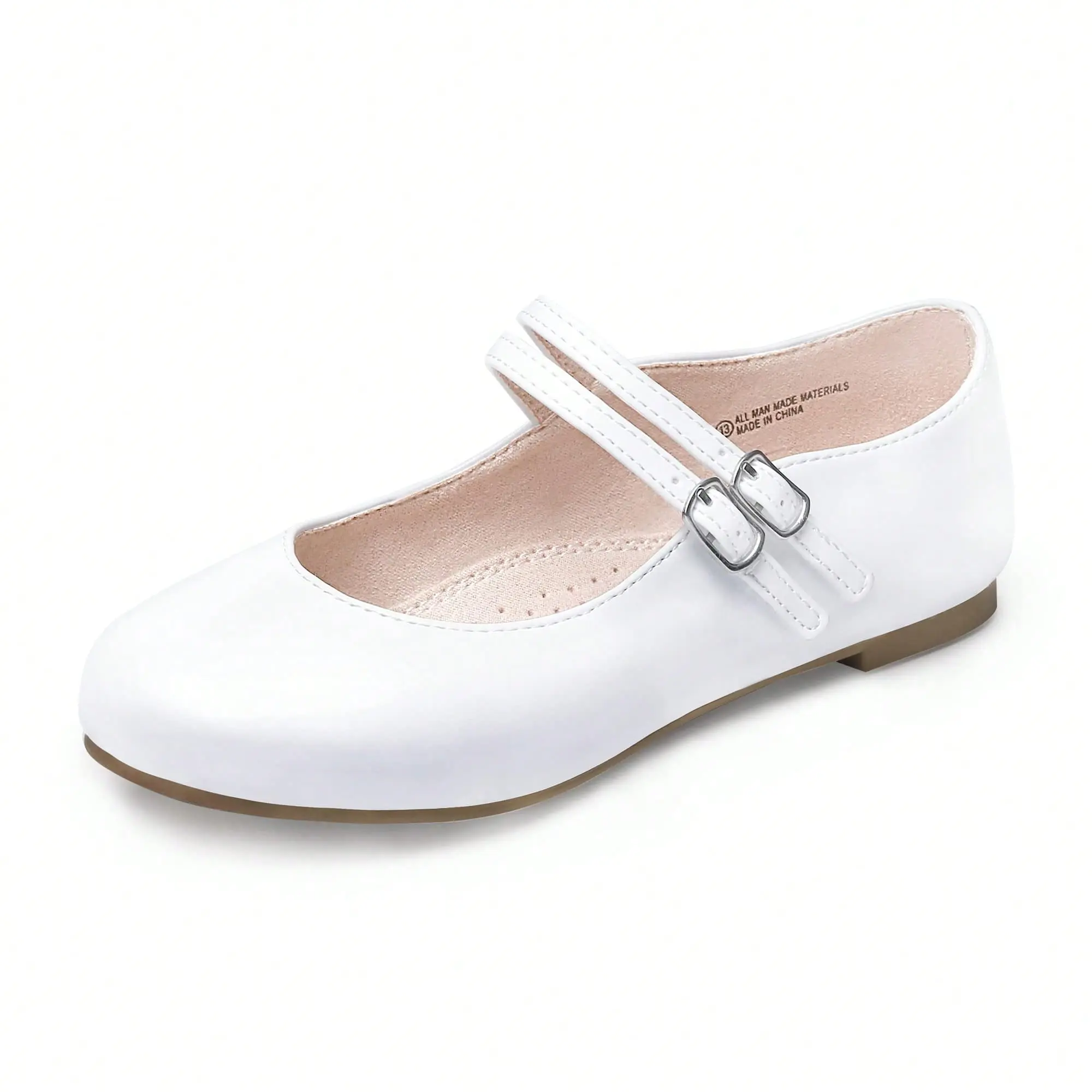 Toddler Girls' White PU Leather Mary Jane Round Toe Shoes - Buckle Closure, Plain Design, Secure & Comfortable Fit, Stylish Synthetic Flat Shoes - for Weddings, Parties - Size 4-5 Years, Holidays, Solid, Ballet Flat Shoes