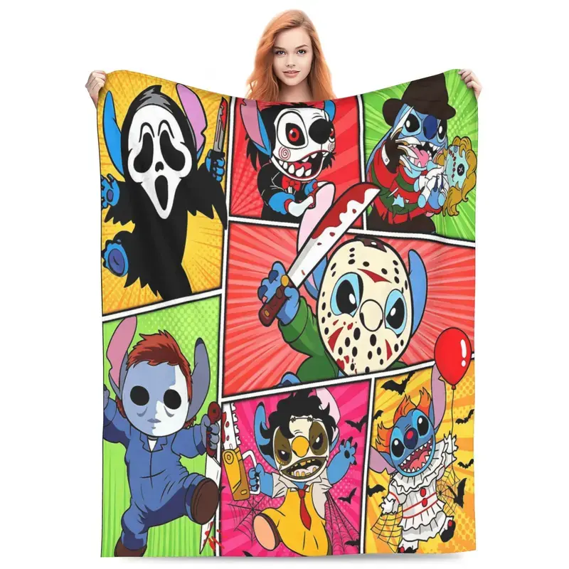 DISNEY CLASSIC Horror Cosplay Stitch Comic Panel Throw Blanket, Stitch Dressed As Classic Slasher Villains Grid Comic Style Bright Color Background Flannel Fleece Blanket, ideal spooky decor and gift for h