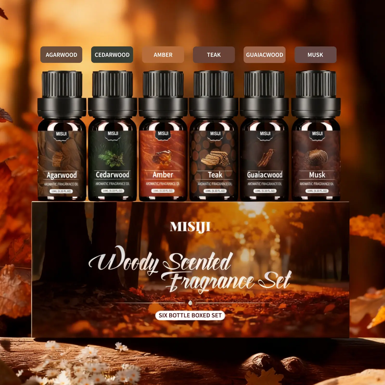 MISIJI 6 pcs Woody Essential Oils Set, Diffuser for Home, Humidifier, Candle Making (6 X 0.34oz), Sandalwood, Agarwood, Black Cedar & Juniper, Teak, Cypress, Pine. Best Gift for Women, Friends, Lover. Suitable for Summer And Autumn