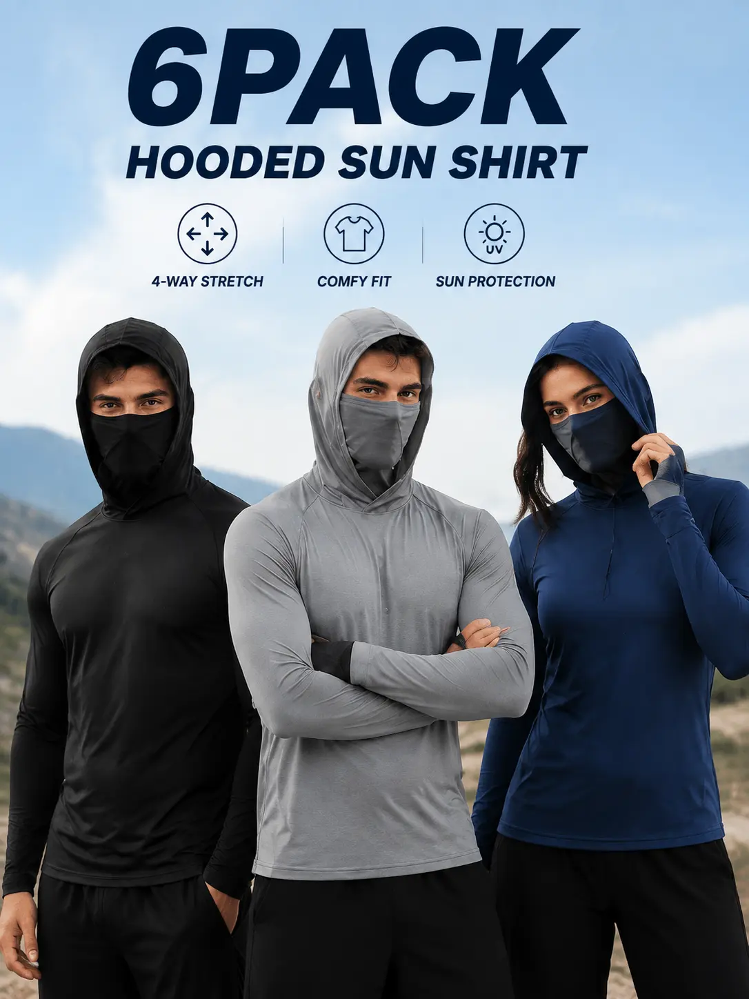 Camisetas de Sol para Hombre Paquete 3/6, Protección UPF 50+, capucha con mascarilla integrada, tejido elástico de secado rápido, mangas largas ligeras y transpirables, ideal para pesca, senderismo, running, camping y trabajo al aire libre