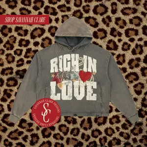 "RICH IN LOVE" Vintage Wash Distressed Boxy Hoodie