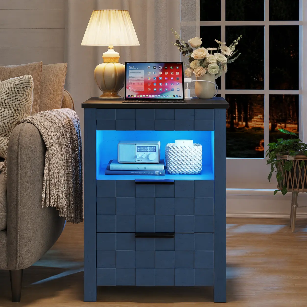 Vlsrka Lockable Gun Safe Nightstand - Wood Frame Modern Bedside Cabinet, 2 Drawers, Hidden Lockable Drawer, Charging Ports, 3-Color Smart Motion Sensor LED Lighting, Dual Storage, Spare Hardware Kit, Indoor Furniture Side Table, Assembly Required