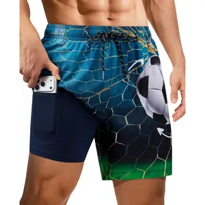 7inch Mens Swim Trunks: with Compression Liner Zipper Pocket Drawstring Quick Dry Stretch Lined 3D FunnyBeach Pool