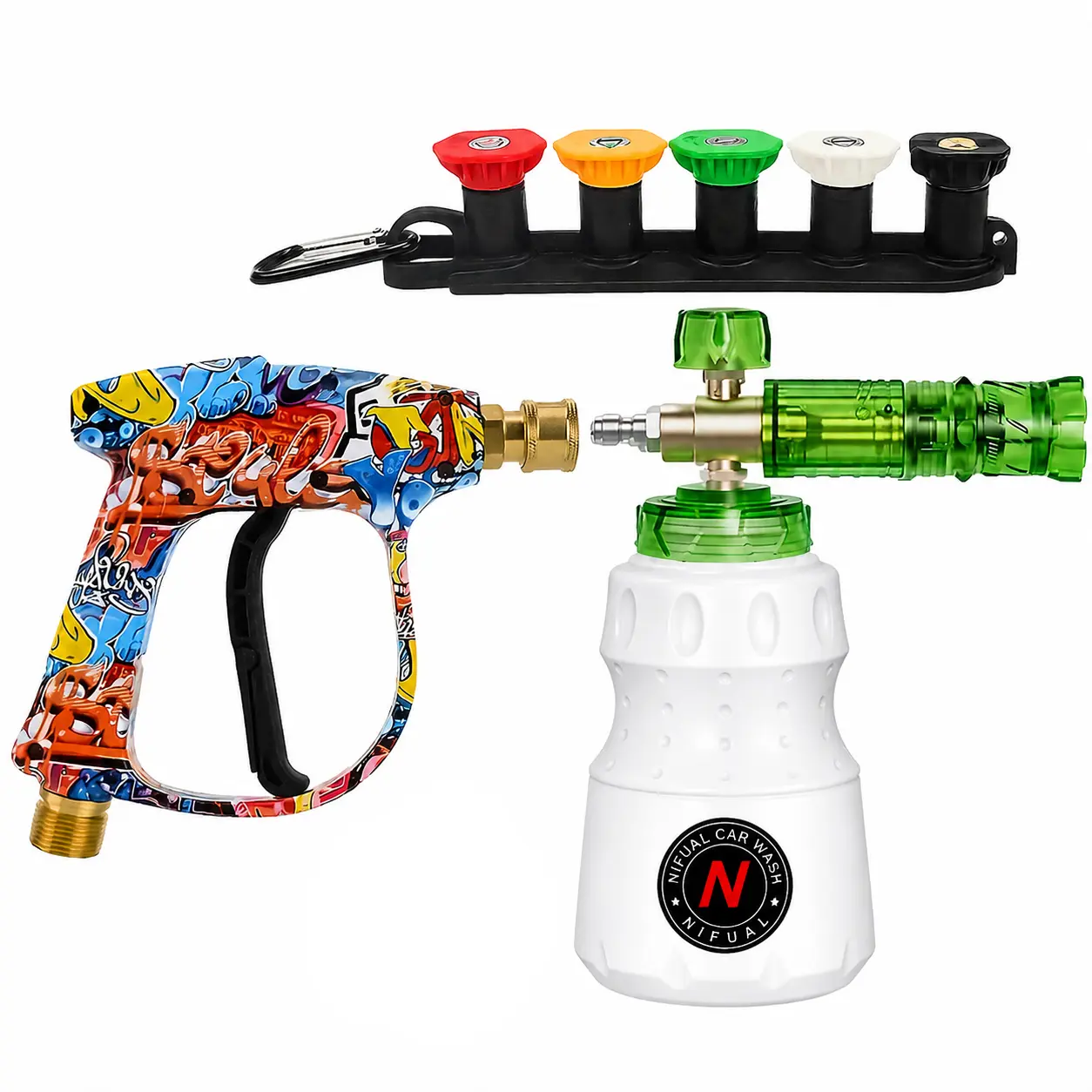 NIFUAL High-Pressure Handheld Car Wash Kit - Brass Spray Gun (M22-14 Inlet), 1L Transparent Green Multi-Functional Sprayer Foam Lance, 5 Color-Coded Quick Tips Nozzles, 210 Bar 3000 PSI Thick Foam Cars Water Spray Tool