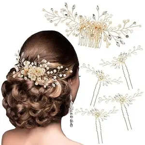Bridal Hair Comb & Pins Set  Pearl Crystal Rhinestone Wedding Hair Accessories for Brides Bridesmaids & Flower Girls Gold 5‑Piece Bridal Hairpiece Set