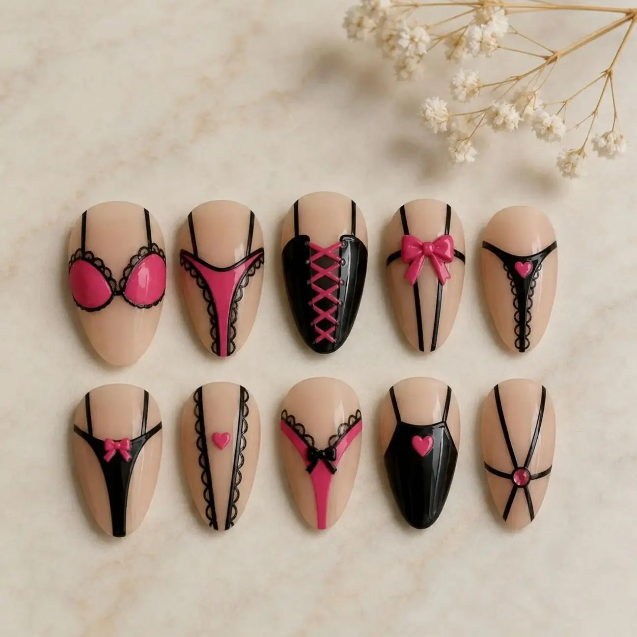 Coquette Bow Press On Nails, Hot Pink Lace Nails, Feminine Lingerie Nail Set, Cute Glam Press On Nails