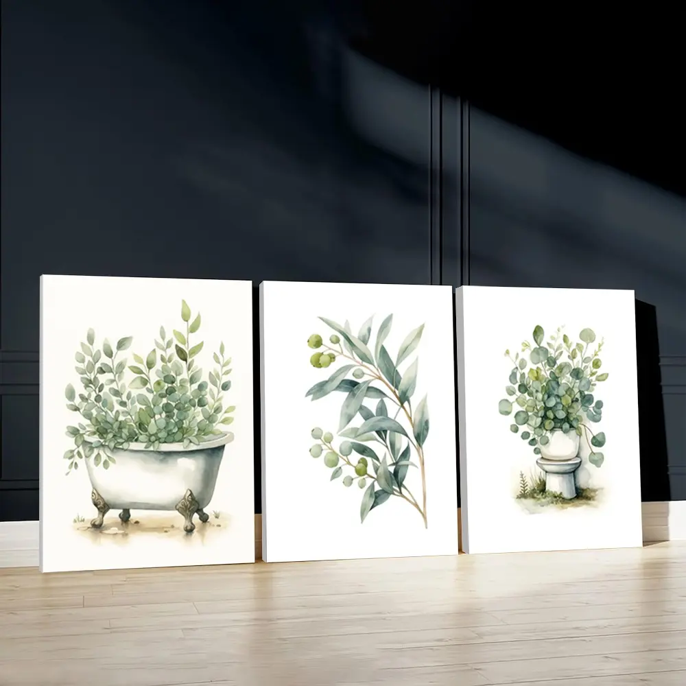 3pcs Unique Bathroom Wall Art, Whimsical Greenery Poster, Design Art Prints, Botanical Vibes Home Decor, Modern Wall Paintings, Art Wall Decoration, Wall Picture Decor, Decor for Living Room, Bedroom, Decoration Items, With Frame