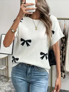 Women's Fashionable Short Sleeve Fitted Knit Top, Round Neck Butterfly Knot Design, Casual Spring Summer Fall Wear, Essential Daily Commute Shirt