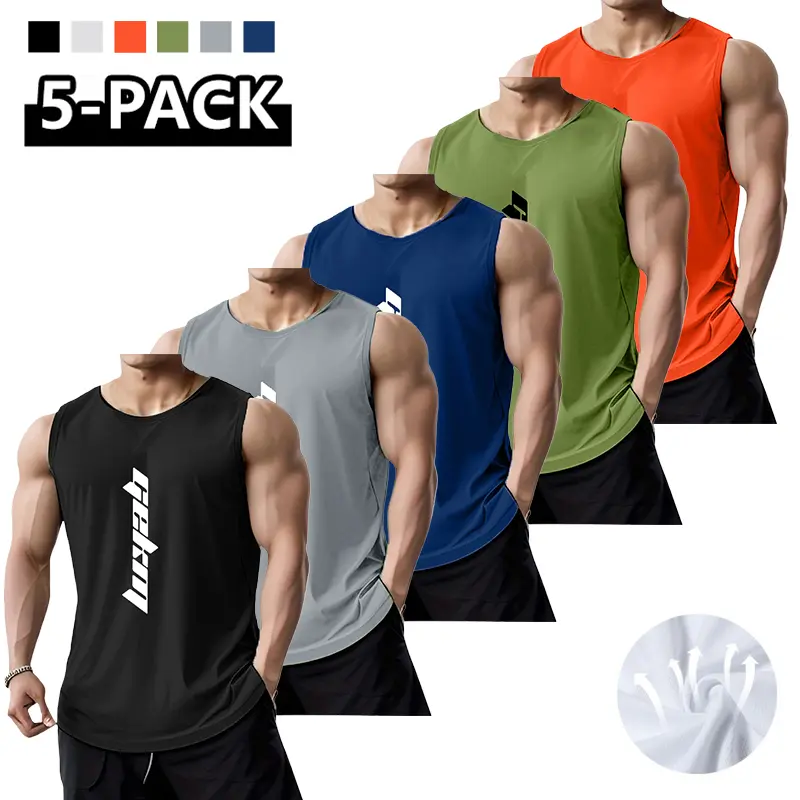 Men’s 5-Pack Fitted Round Neck Sleeveless Activewear Vests - Soft, Breathable, Quick-Dry Gym Training Tops, Beach-Ready Summer Outdoor Running Apparel