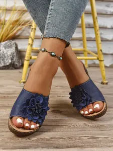 Women's Open Toe Wedge Sandals, Comfortable Slip-On Wedge Shoes, Multiple Color Options, Floral Decor, Beach Sandals, Casual Summer Footwear, Rubber Sole