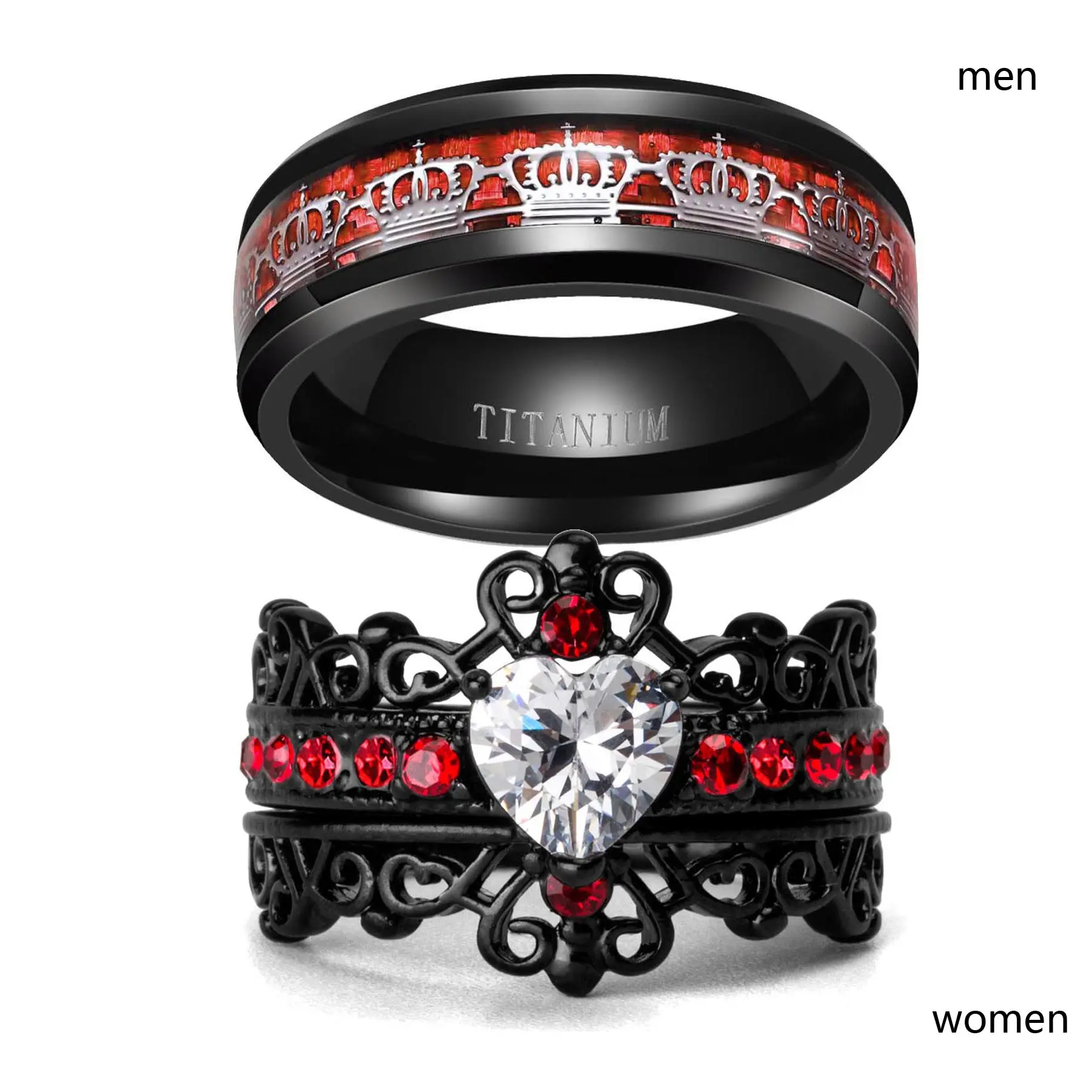 Ringcrown Black Gold-Plated Titanium Steel Couple Wedding Bands, Crown Design with 1.5ct Heart CZ Stone, Rings for Women, Black Gold Crown, Nickel‑Free Steel