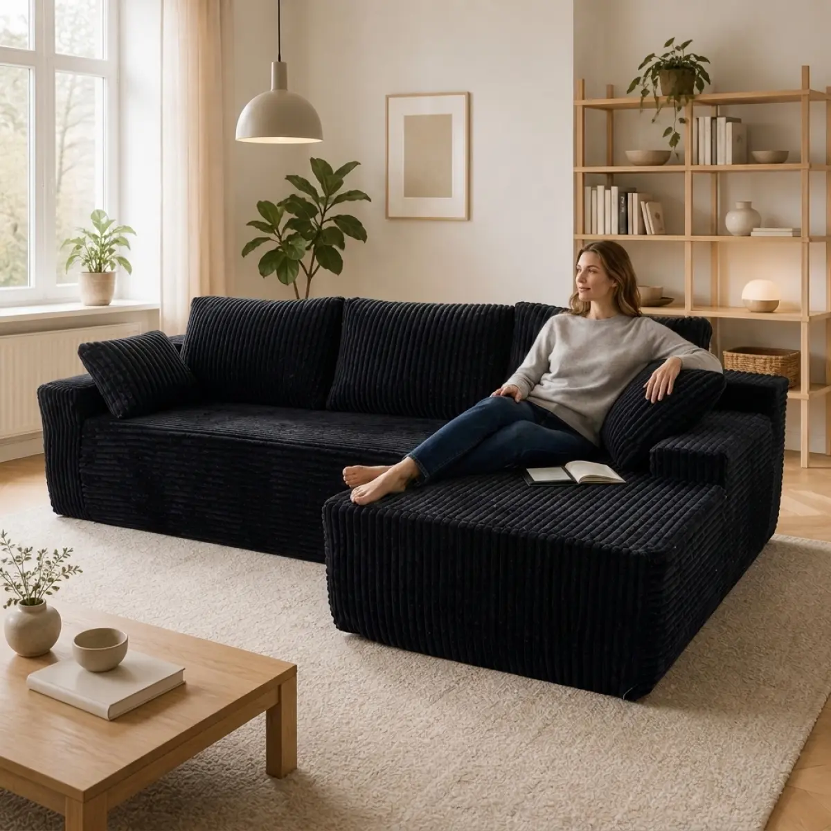 96" Cloud Sectional Sofa, Modern L-Shaped Deep Seat Couch, Cozy Black Sofa for Living Room, Apartment & Movie Nights