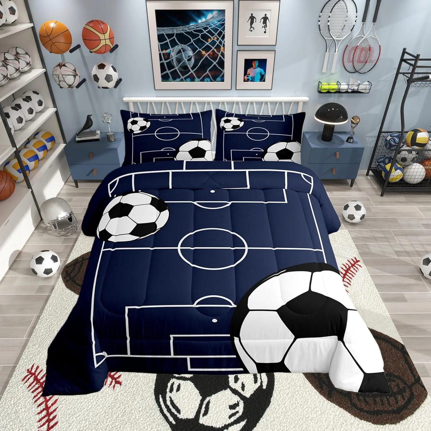 Football Kids Boys Comforter Set,Soccer Ball Pattern Down Comforter Sports Theme Bedding Set for Teens Game Room Decor Football Court Duvet Set,Polyester Quilt Set