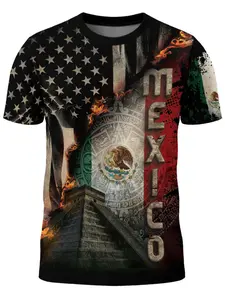 Mexico Usa Flag Pyramid Heritage Pride Warrior Spirit Shirt Top, Casual Fitted Long Sleeve for All Seasons, Unique All over Ethnic Print