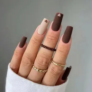 Warm Brown & Nude Love Nail Set – Medium Length | 24pcs