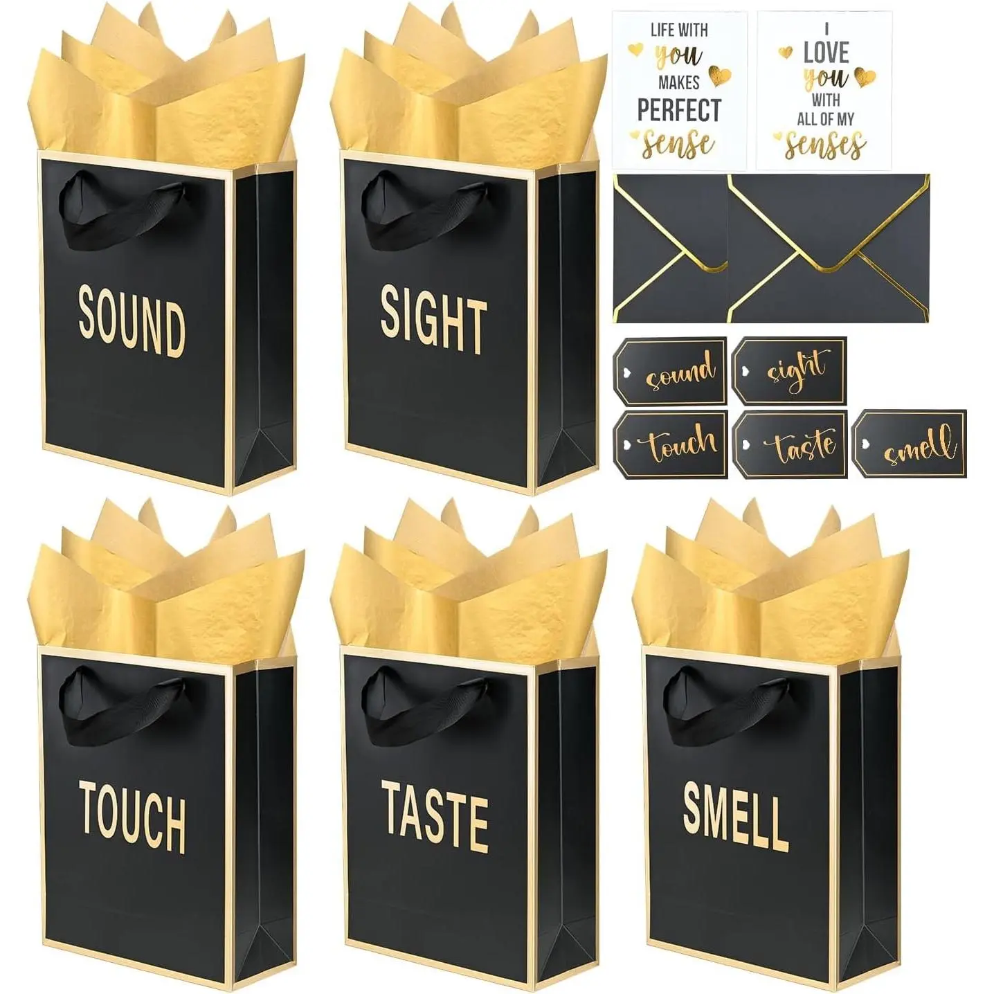 Foil 5 Senses  Bags for Him Her with Labels Envelopes and Cards, Sight Smell Touch Taste Sound  Bags with Tissue Handle for Birthday, Anniversary, Mother's Day, Valentine's Day(9x7x3.15inch)