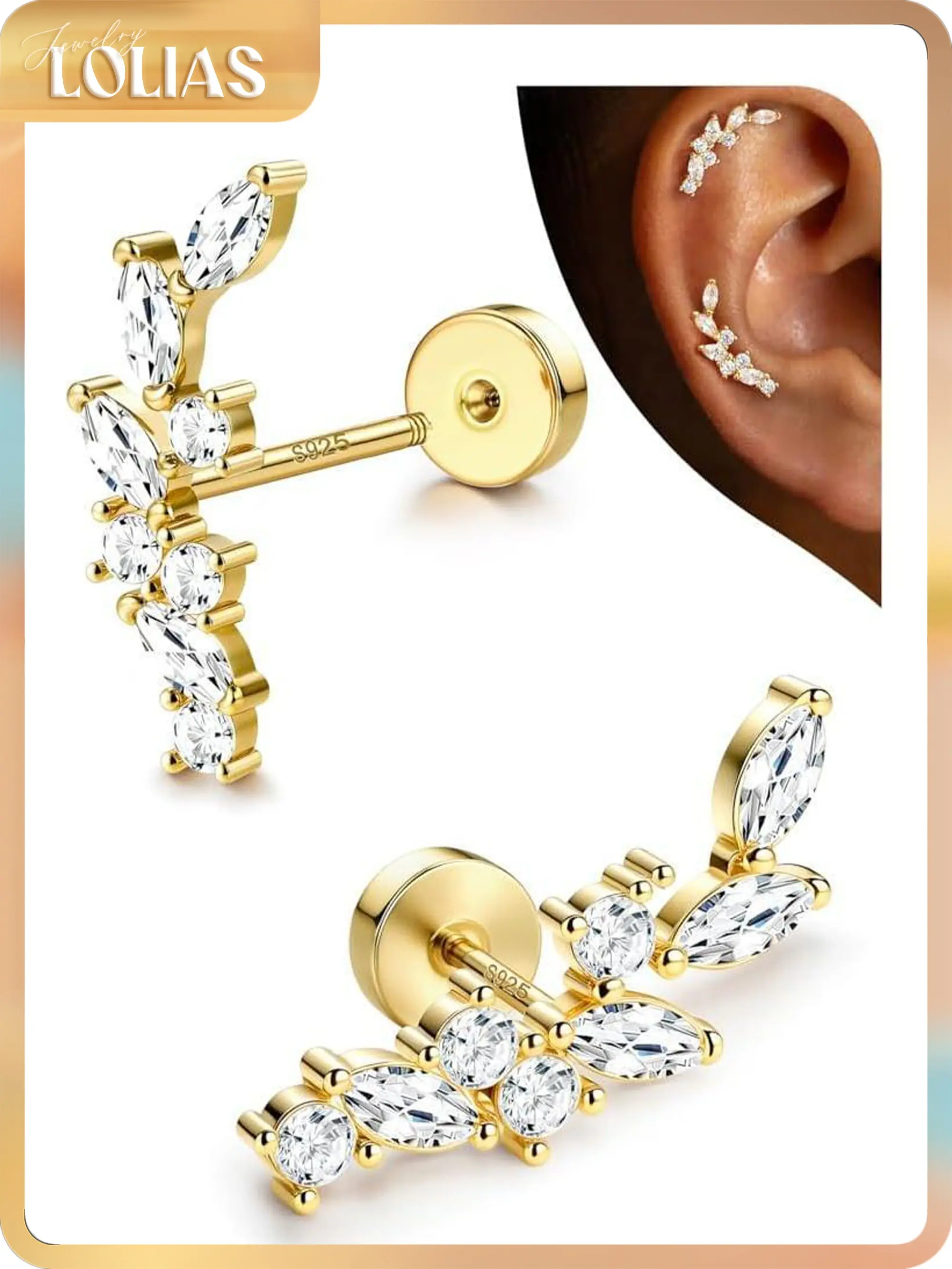 LOLIAS Hypoallergenic Cartilage Earrings for Women Flat Back-925 Sterling Silver Post Stud Flatback Earrings for Sensitive Ears-20G Ear Crawler Climber Cartilage Earring Tragus Conch Helix Piercing Jewelry