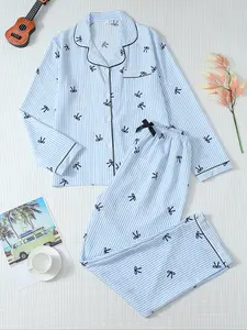 Women's Striped Long Sleeve Pajama Set with Bow Prints, Sweet Cute Button Front Top and Pants, Casual Home Wear Loungewear for All Seasons