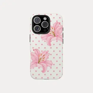 Pink Polka Lily Floral 2-in-1 phone case with a durable, shock-absorbing, Shockproof, Protective, and stylish design. Compatible with iPhone 17 16 15 14 13 12 11 Pro Max Pro Plus Samsung Galaxy S25 S24 S23 Ultra