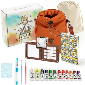 Mini Wooden Watercolor Paint Set, Portable Watercolor Kit, All-in-One Pocket Travel Art Kit: 15-Grid Palette, 12-Color Pigment, Brushes, Sketchbook, Clip, Sponge & Bags- Art Supplies Gift for Beginners & Artists