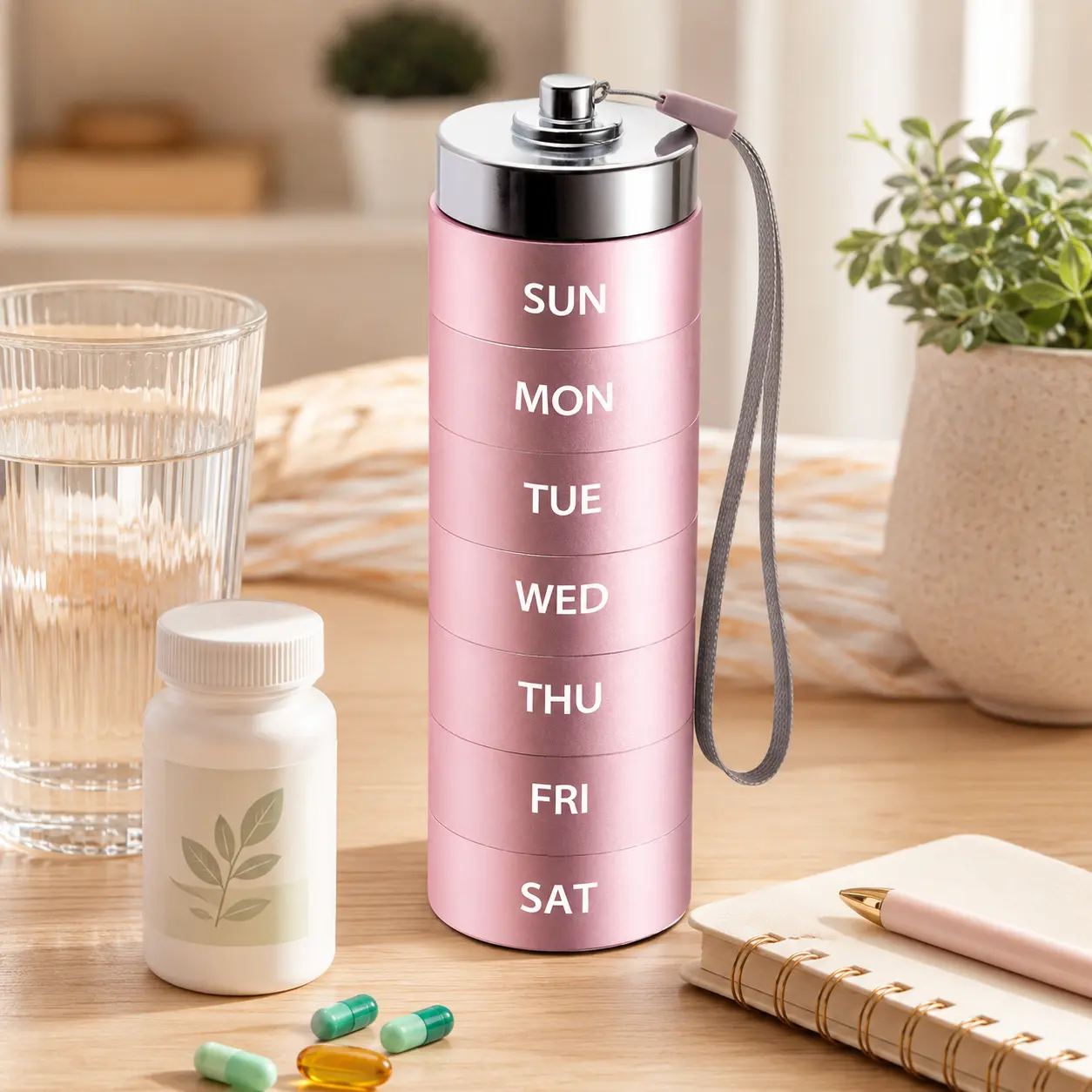Travel Pill Organizer, Portable 7 Day Stackable Metal Pill Box with Detachable Deep Compartments, Threaded Seal and Lanyard for Vitamins, Capsules and Trips