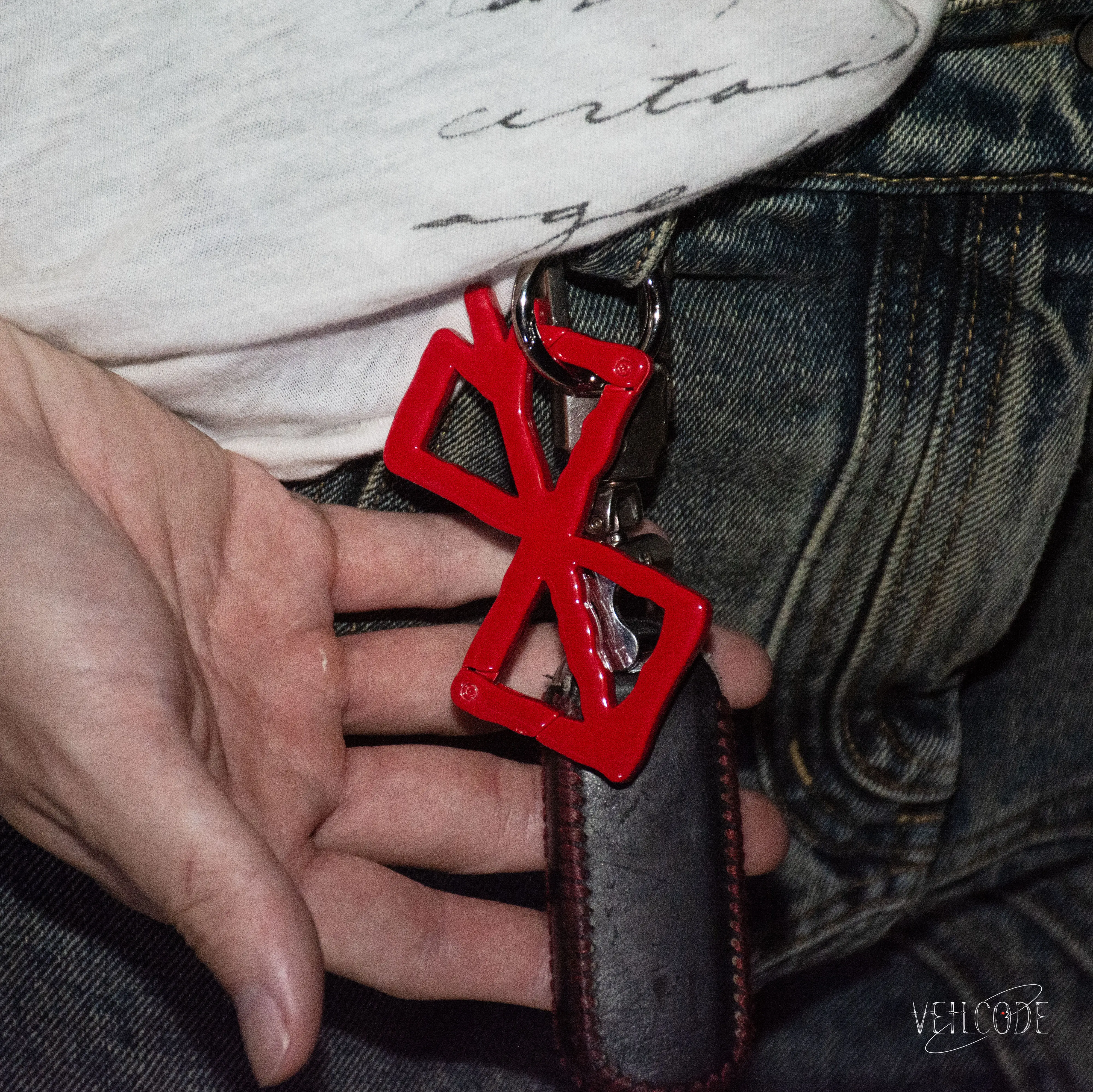 Berserk Sacrifice Symbol Keychain Clip, Punk Carabiner Bag Charm, Belt Loop Accessory, Red/Silver