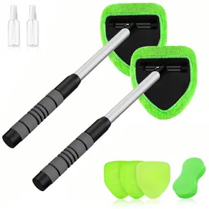 Car Windshield Cleaning Tool Set, Inside Car Window Cleaner Tool with Extendable Handle and 4 Washable Reusable Microfiber Pads, Vehicle Glass Wiper Kit Universal for RV SUV Truck and Home (Green)