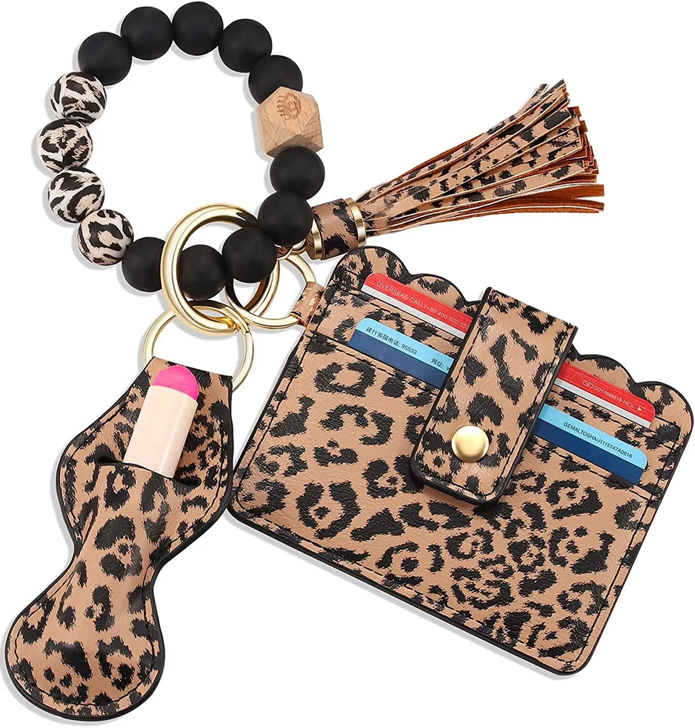 Women's Wristlet Keychain Bangle, Silicone Beaded Bracelet with Leather Card Holder Wallet, Metal Clasp, Tassel, and Lipstick Pouch, Female, Casual Wear, Practical Swivel Metal Clasp, Pool, Beach, Shopping, Fashion
