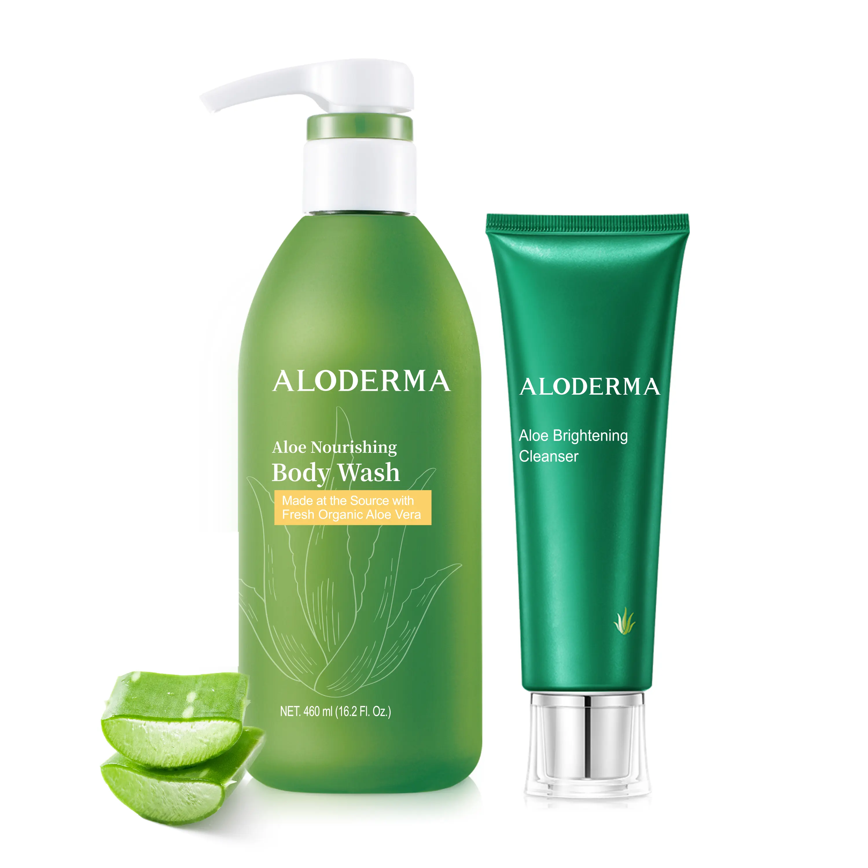 ALODERMA Organic Aloe Shower Set - Nourishing Body Wash & Brightening Facial Cleanser with Shea Butter, Gentle Moisturizer for Sensitive Skin, Cleansing, Body Care, Radiant Skin, Moisturizing, Hydrating, Farm-Grown