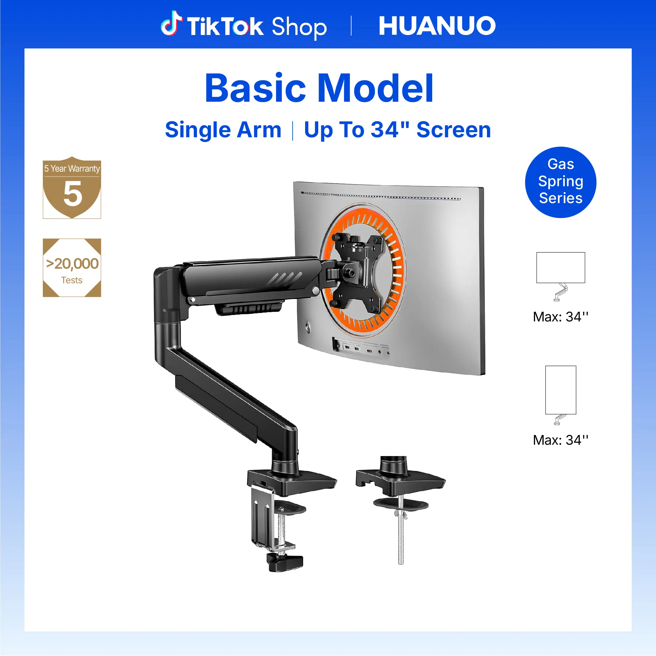 HUANUO Fully Adjustable Single Monitor Desk Mount - 13-34 in Screens, Tool-Free VESA Installation, Cable Management, 19.8 lbs Max Load, 100x100mm Max VESA Compatibility