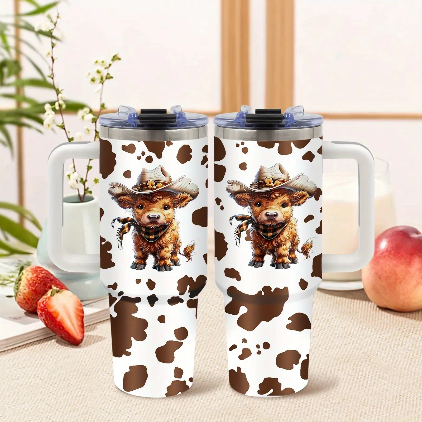 1pc 40oz Stainless Steel Insulated Highland Cattle Cow Tumbler - Vacuum Flask Travel Drinkware with Lid & Straw, Must-Have Gift for Cow Lovers, Mom & Friend, Stainless Steel Flask, Animal-Themed Portable Drinkware, Tumblers, Portable Vacuum Flasks