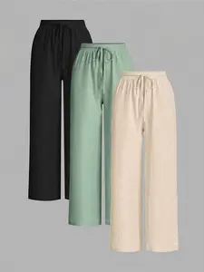 Women's Solid Color Wide Leg Pants, Casual Comfy Essential Elastic Tie Front Trousers for Daily Wear, Ladies Bottoms for All Seasons