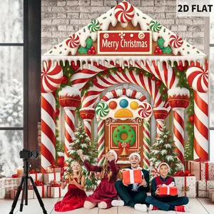 1set/4 counts Christmas Gingerbread Candy House Printing Backdrops & Banners, Party decorations banners, Door Cover Door Decoration for Window Classroom Office Home, Indoor Outdoor Polyester Fabric Banners Party Supplies