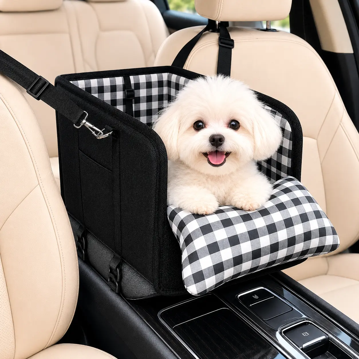 Anti-Anxiety Dog Console Car Seat with Safety Leash - Comfort Plaid Puppy Car Bed Booster, Washable Travel Car Carrier Seat for Chihuahua, Yorkie gift cat