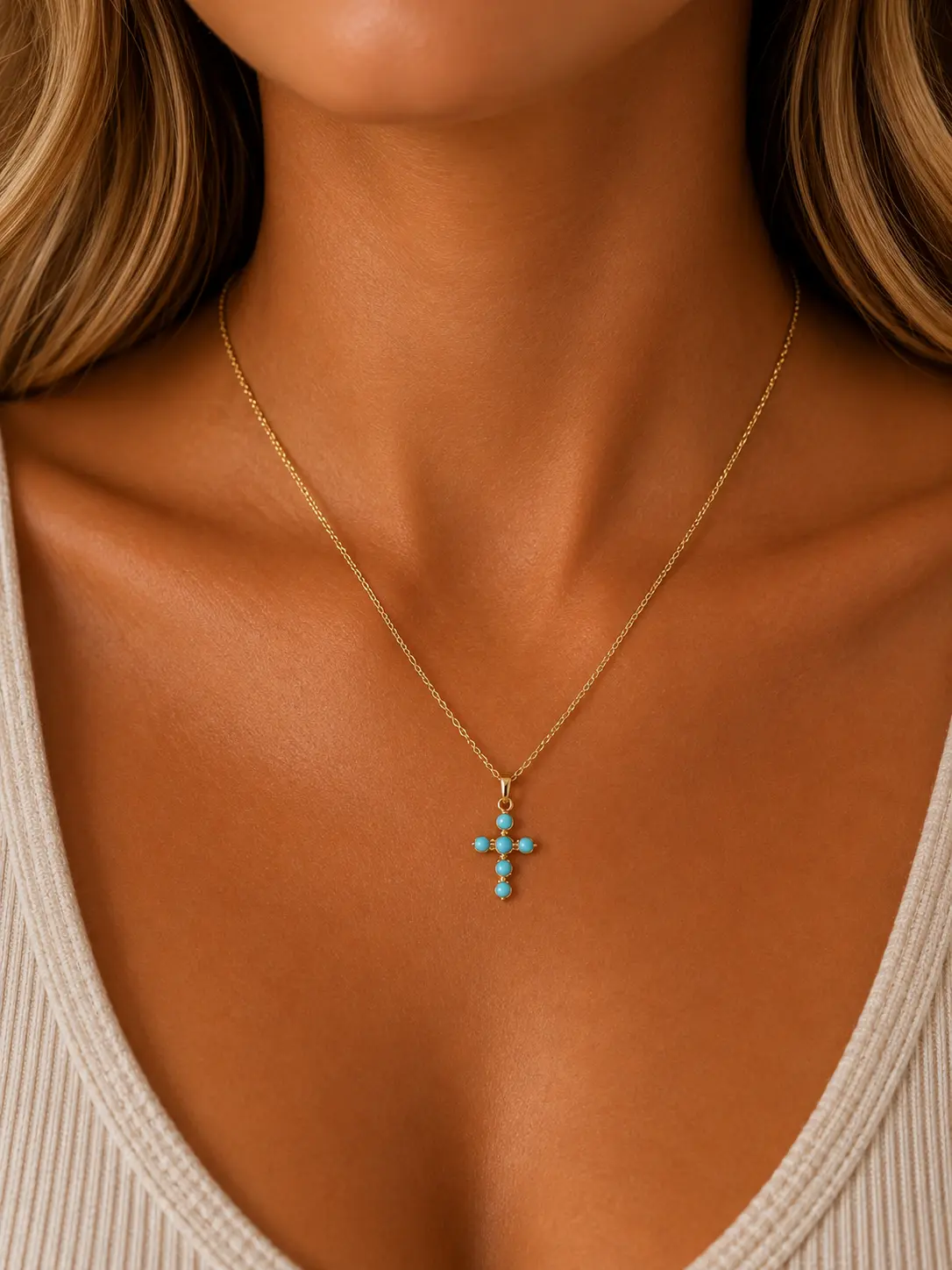 Women's Turquoise Cross Pendant Necklace - Delicate Gold-Tone Chain, Adjustable Lobster Clasp, Western-Inspired, Layering-Friendly, Faith-Themed Turquoise Jewelry