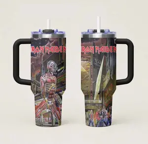 Iron Maiden 40oz Tumbler With Handle – Eddie Heavy Metal Stainless Steel Travel Mug Rock Band Horror Gothic Cup