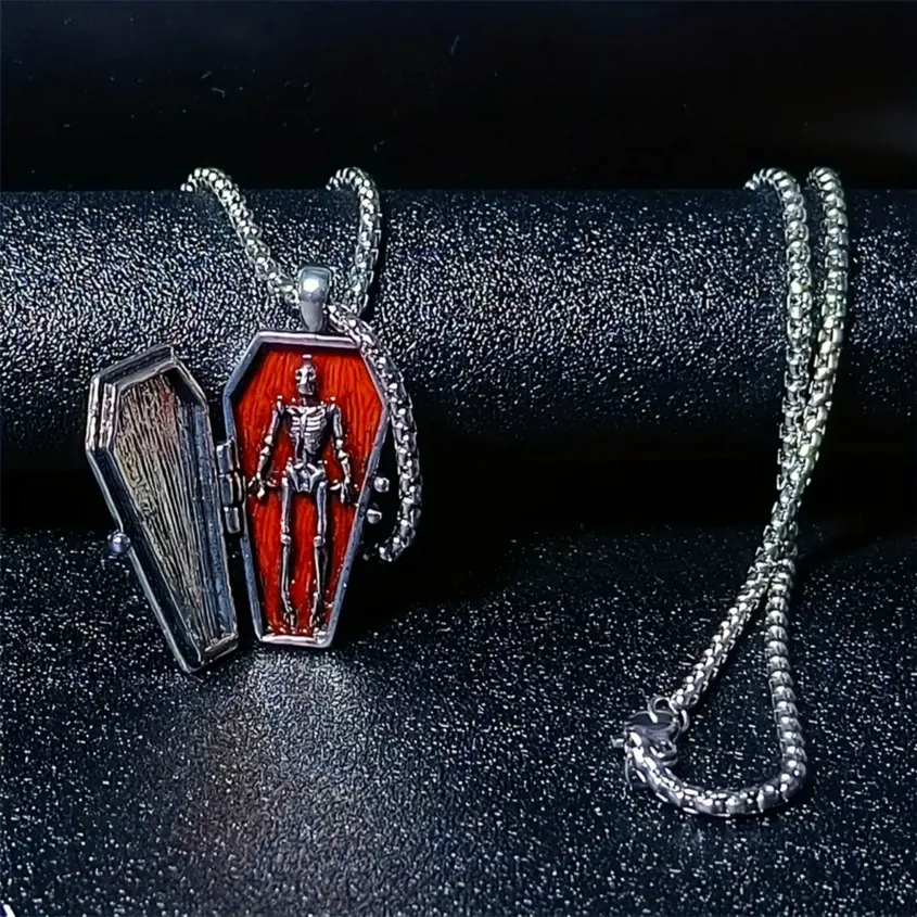 Creative Skeleton Cross Coffin Shaped Pendant + Stainless Steel Necklace