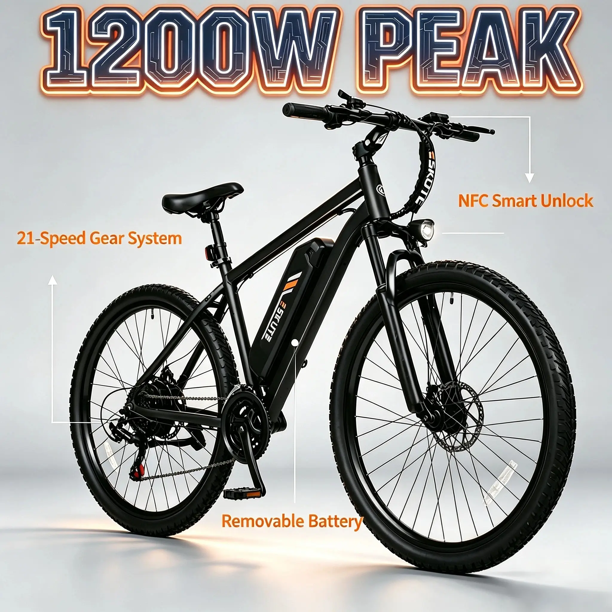 ESKUTE M200/M200F Electric Mountain Bike - All Terrain Ebikes, Outdoor Sports Bicycle, Smart Ebike, 1200W Peak Motor, 28MPH Max Speed, 27.5" Tires, Dual Suspension, NFC Lock, LCD Display, 21-Speed Off Road Commuter E-Bikes