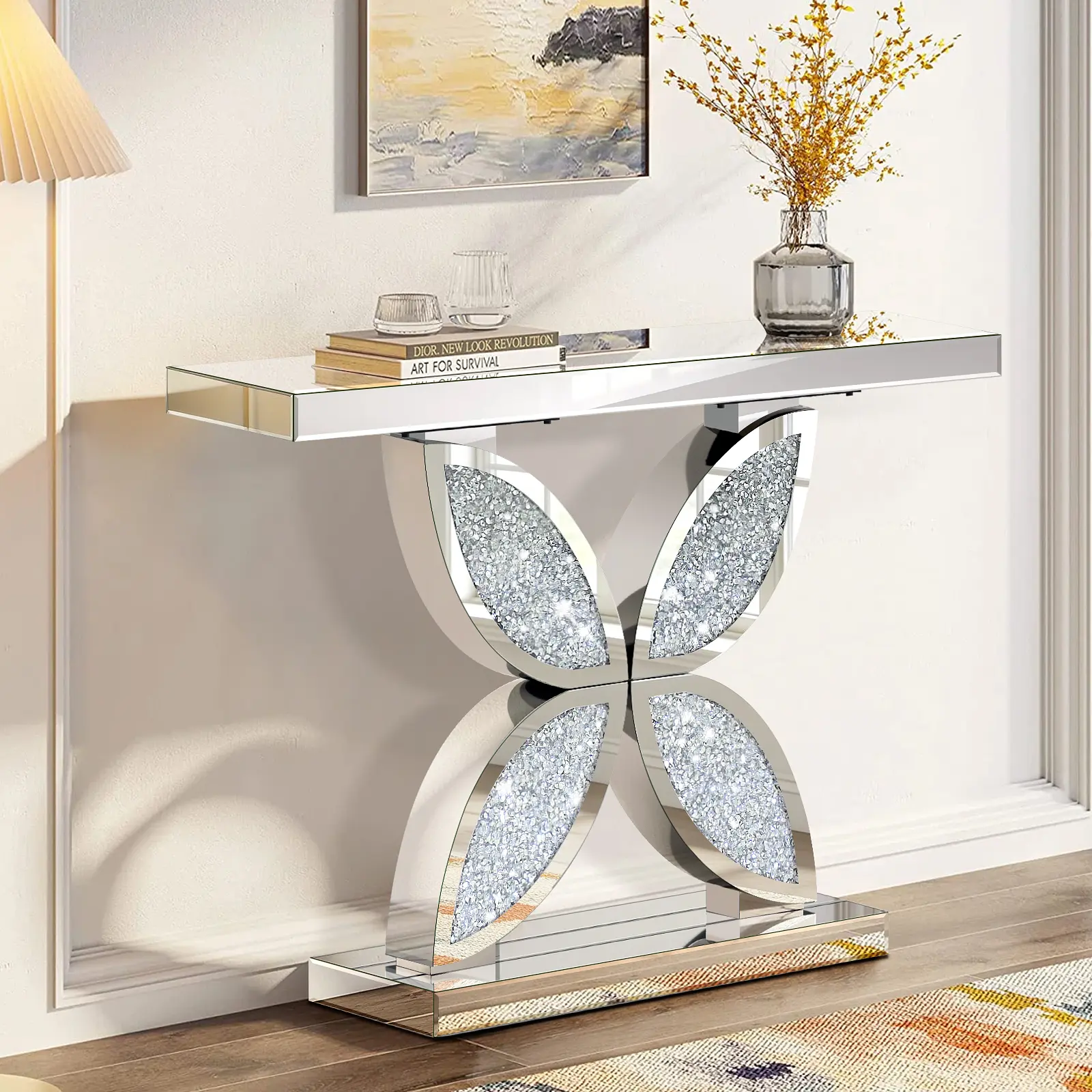 Modern style art base with double C-shaped gemstone-set diamonds for the entrance table. Home decoration: 31.5-inch silver mirror glass entrance table for the foyer. Luxury decoration sofa side table suitable for living room, office, corridor, and foyer.