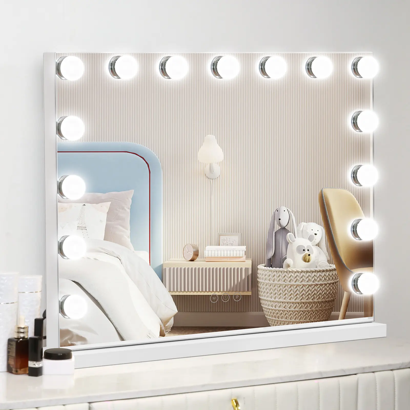 Hollywood Vanity Mirror with Lights 23" x 18" Large Led Makeup Mirror with 15 Bulbs LED 3 Color Modes & USB Charging Port Aluminum Metal Frame, White